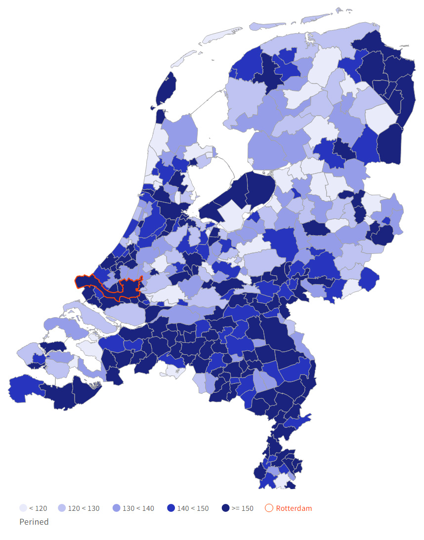 kansenkaart - Vroeggeboorte en/of te laag geboortegewicht (Big 2) - Rotterdam per 1.000 geboortes